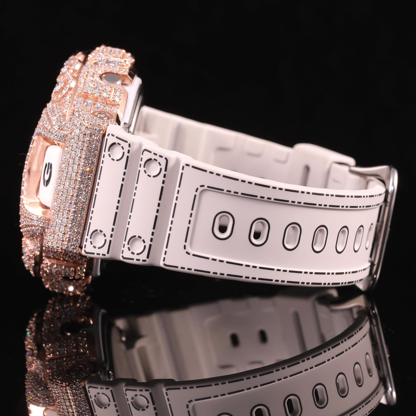 Rose Gold Iced Out G-Shock Watch with White Strap