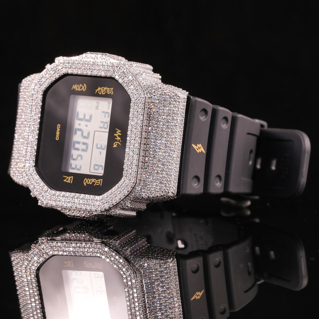 Black Strap Iced Out G-Shock Watch with VVS Moissanite Diamonds