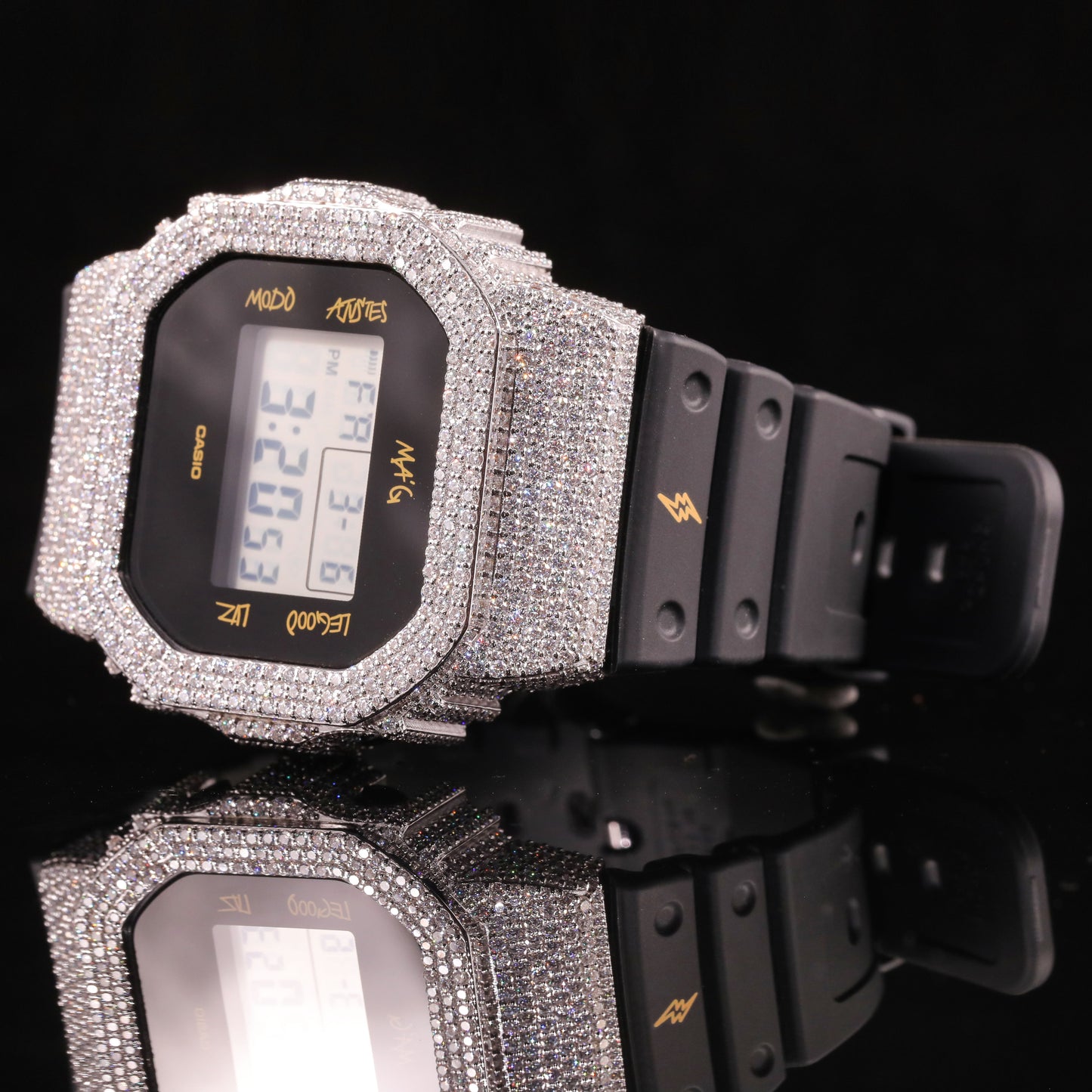 Black Strap Iced Out G-Shock Watch with VVS Moissanite Diamonds