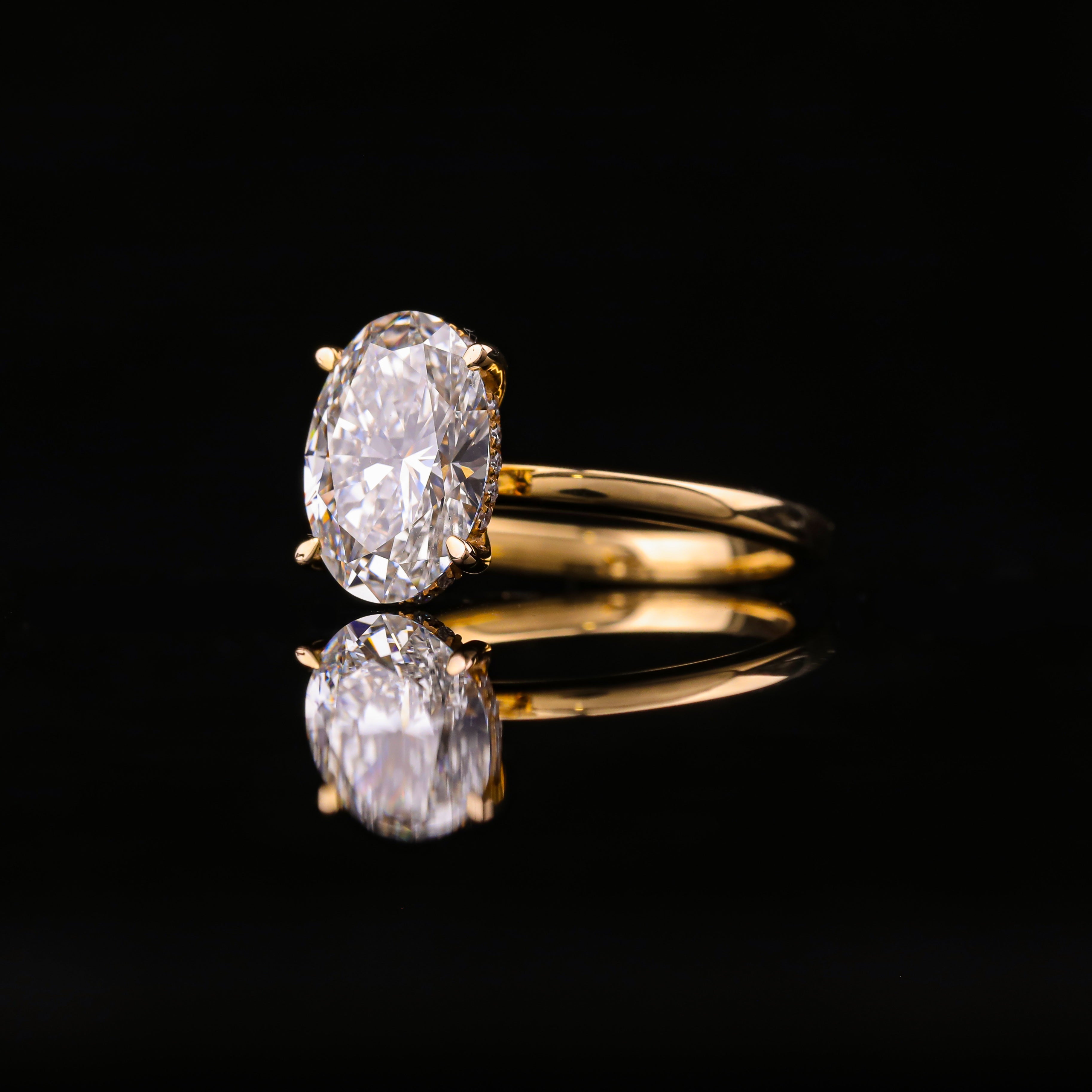 Oval Cut Hidden Halo Moissanite Engagement Ring – Yellow Gold Solitaire Ring with Hidden Diamond Halo | 925 Silver, 10K, 14K & 18K Gold