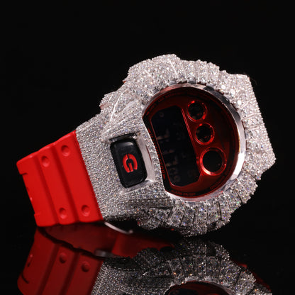 Red Face Bustdown G-Shock Watch with VVS Moissanite Bezel