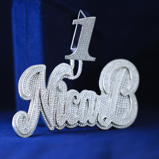 Front view of Number 1 Nica B Diamond Pendant, fully encrusted with moissanite diamonds for a luxury hip hop look.