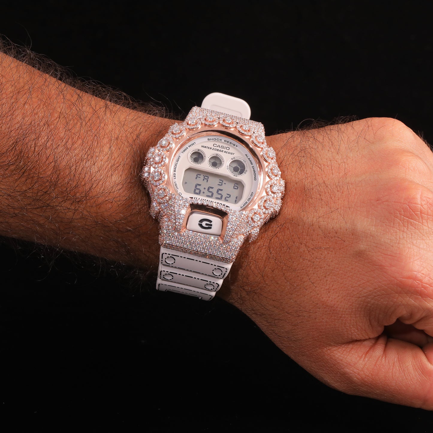 Rose Gold Iced Out G-Shock Watch with White Strap