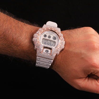 Rose Gold Iced Out G-Shock Watch with White Strap