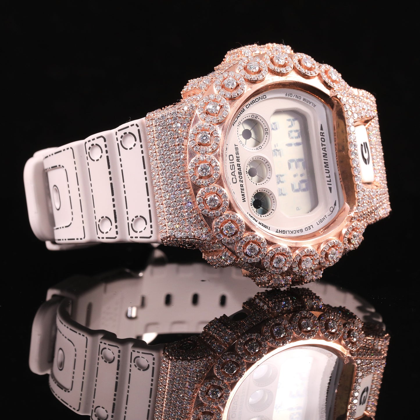Rose Gold Iced Out G-Shock Watch with White Strap