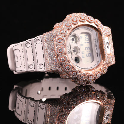 Rose Gold Iced Out G-Shock Watch with White Strap