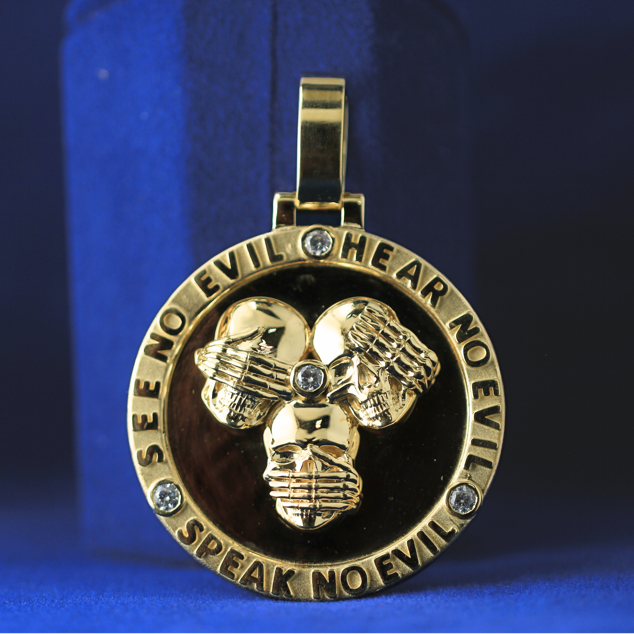 Front view of See No Evil Pendant, a luxury hip-hop pendant encrusted with moissanite diamonds for an iced-out look.