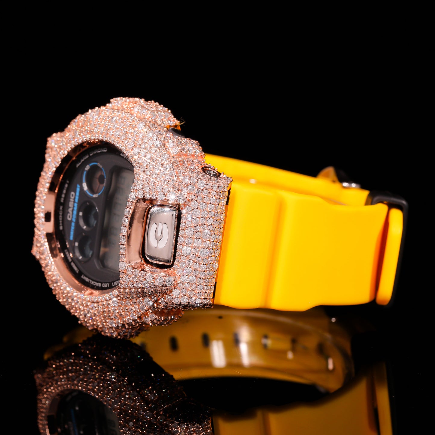 Yellow Strap Rose Gold Iced Out G-Shock Watch with VVS Moissanite Diamonds