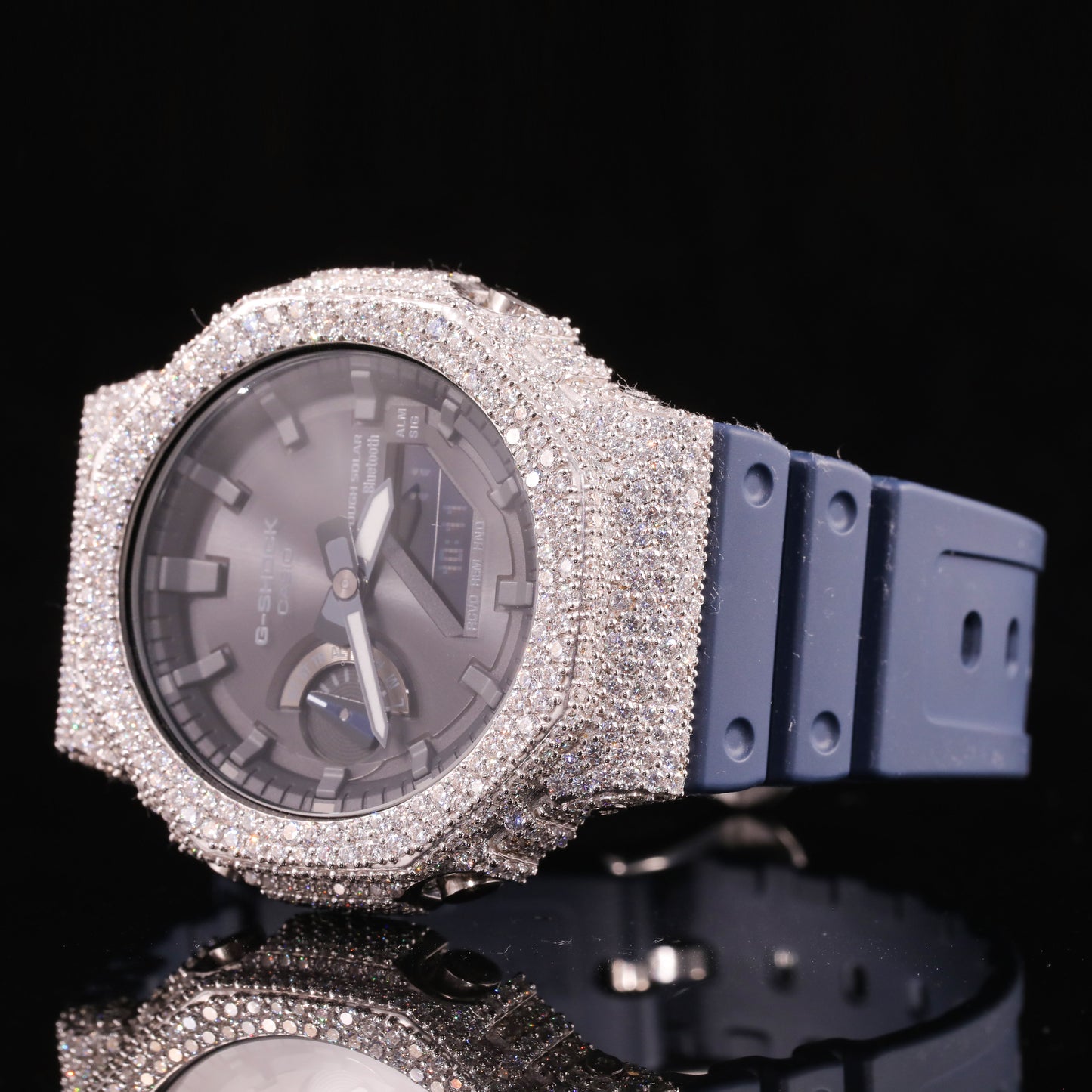 Black Dial Iced Out G-Shock Watch with Blue Strap