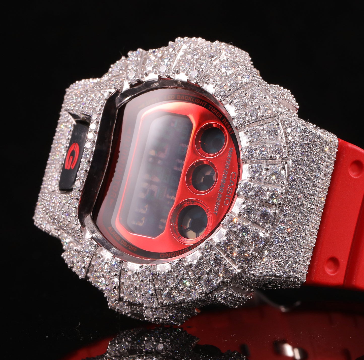 Red Face Bustdown G-Shock Watch with VVS Moissanite Bezel