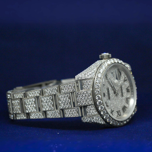Right side of the Silver Roman Majesty watch showcasing iced-out bezel and Roman numeral details in fine silver craftsmanship.