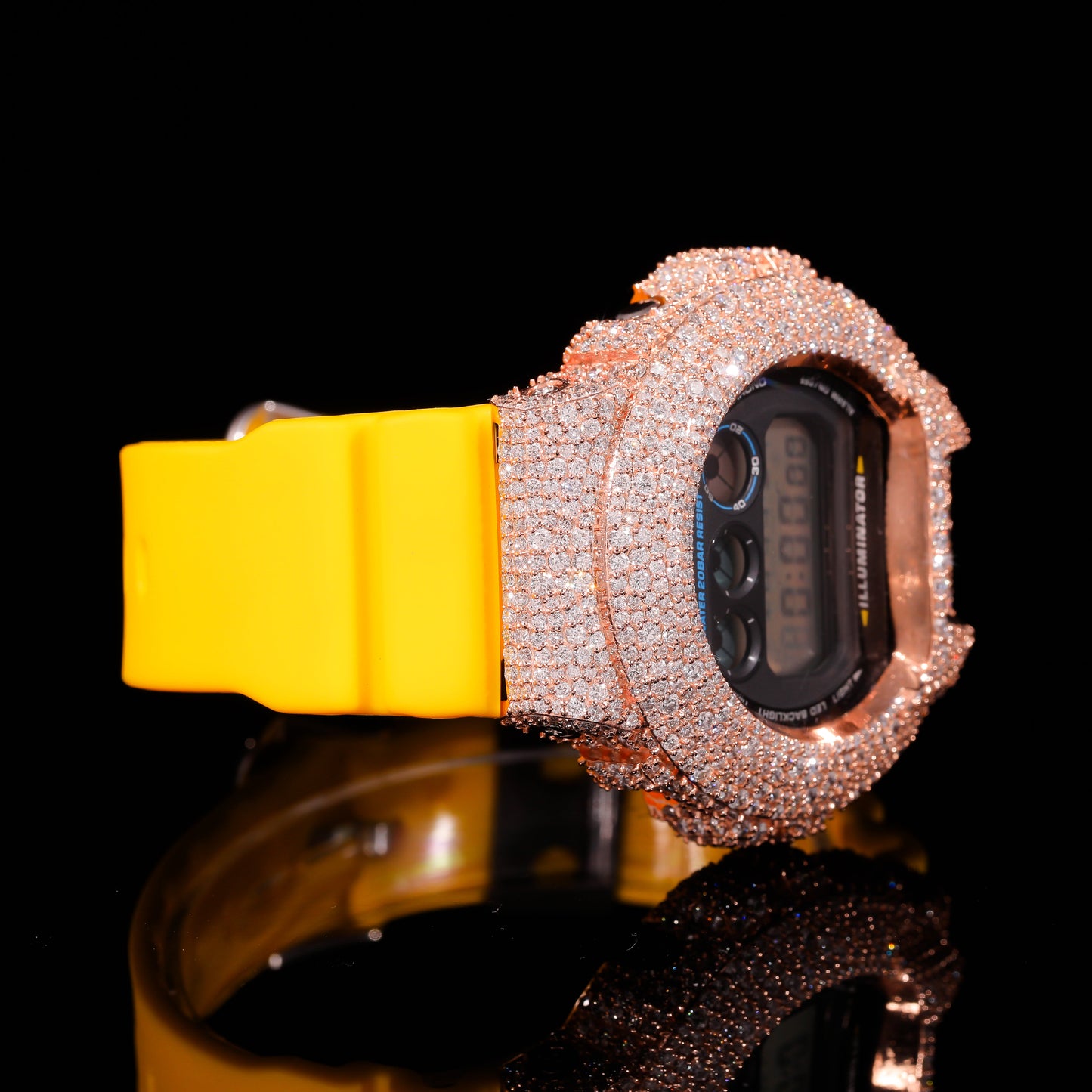 Yellow Strap Rose Gold Iced Out G-Shock Watch with VVS Moissanite Diamonds