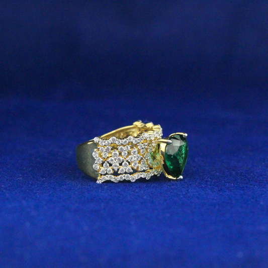 Right side view of heart design ring with moissanite and Zarkan detail in 925 silver, luxury fine jewelry.