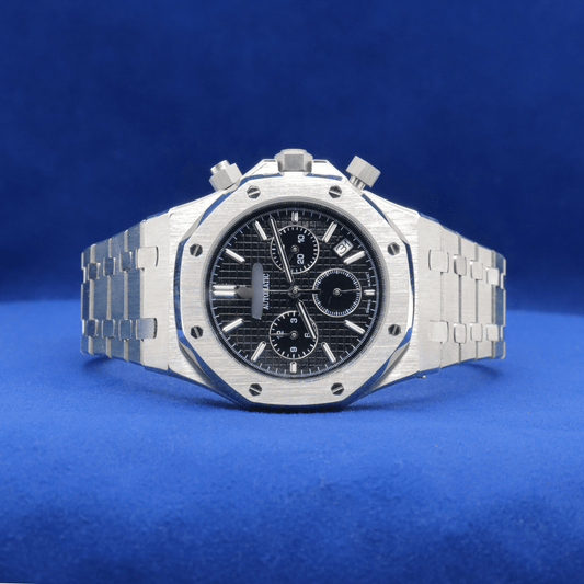 Front view of Black Dial Prestige Chrono plain stainless steel watch with a bold and modern design.


