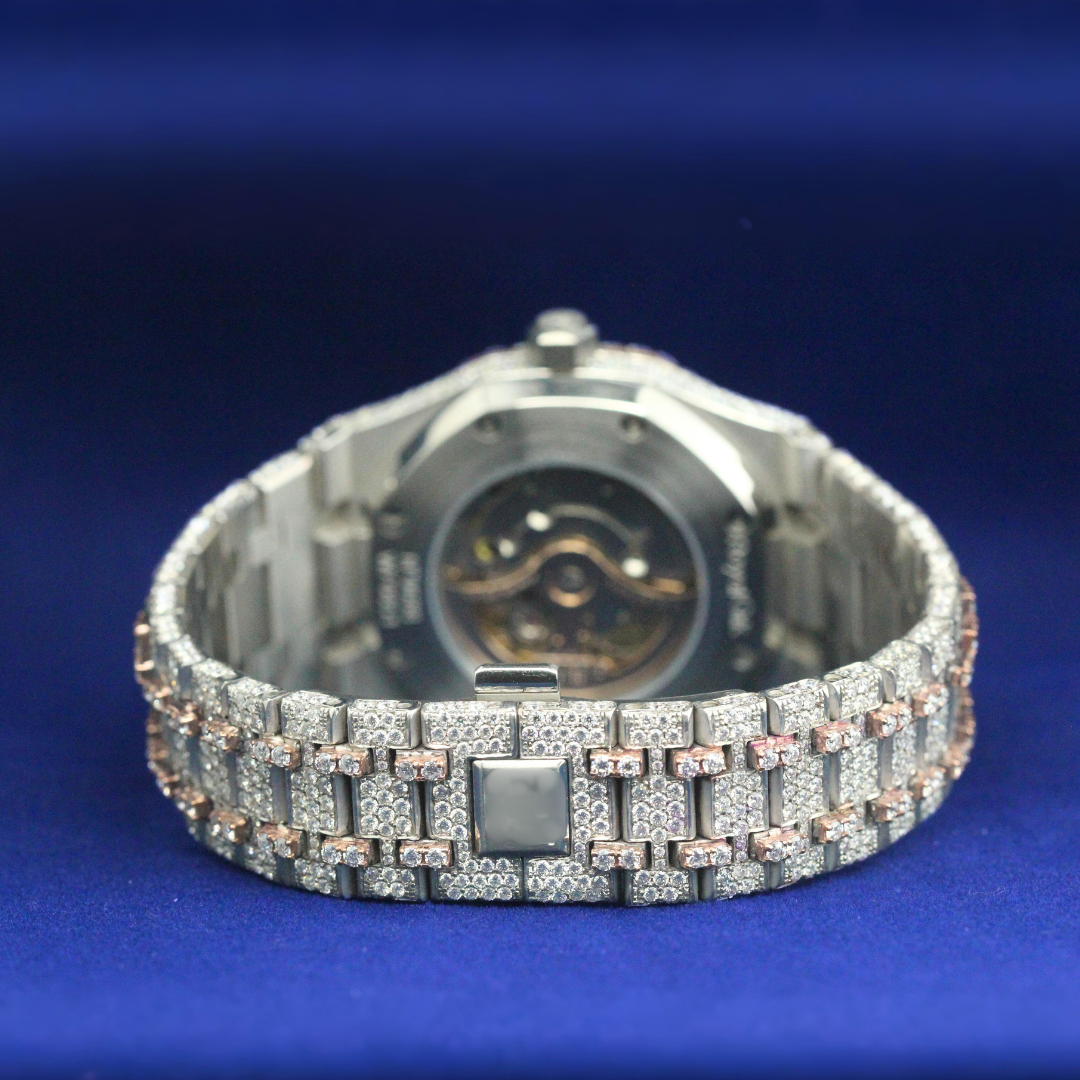 Back view of Bust Down Rose Gold Watch with Moissanite diamonds – Custom iced-out watch

