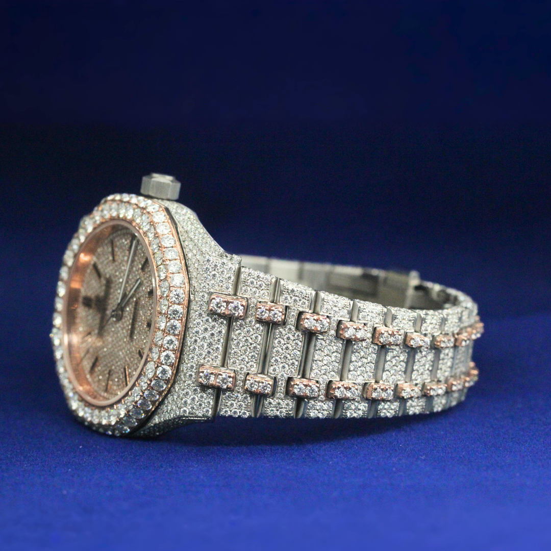 Left side view of Bust Down Rose Gold Watch with Moissanite diamonds – Custom iced-out watch

