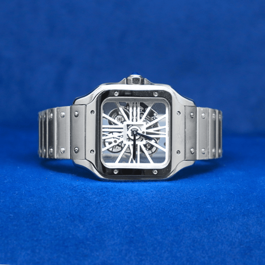 Front view of Celestial Prime Chrono plain stainless steel watch with a bold and modern design.


