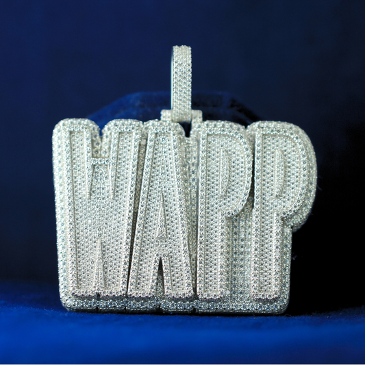 Front view of WAPP Diamond Letter Pendant featuring moissanite diamonds in 14K white gold – custom iced out hip hop jewellery

