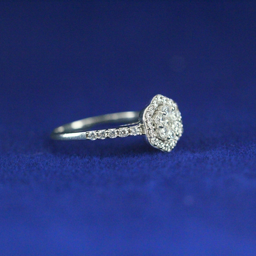 Right side view of Frosted Flower Ring with Moissanite diamonds – Fine jewelry

