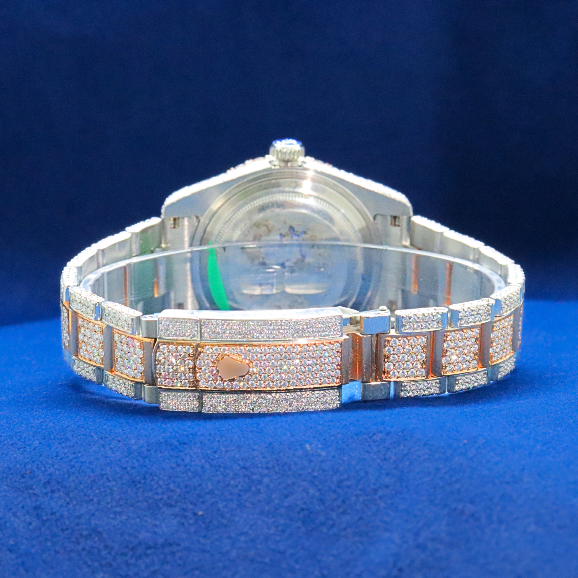 Back view of Fully Paved Iced-Out Watch with Moissanite diamonds – Custom hip hop timepiece

