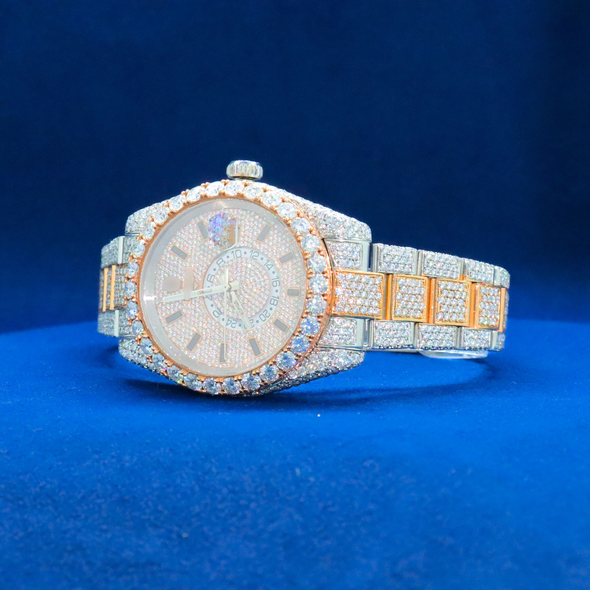 Left side view of Fully Paved Iced-Out Watch with Moissanite diamonds – Custom hip hop timepiece

