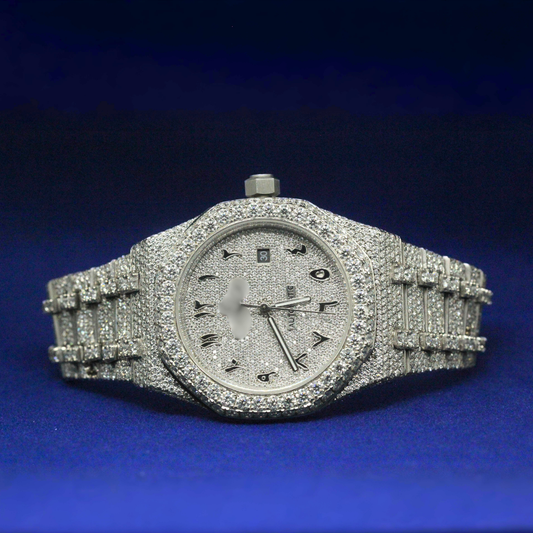 Front view of Hip Hop Moissanite AP-Style Watch with Moissanite diamonds – Custom iced-out watch

