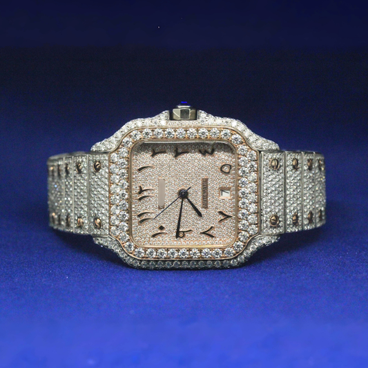 Front view of Iced-Out Cartier Santos-Inspired Watch with Moissanite diamonds – Custom hip-hop watch


