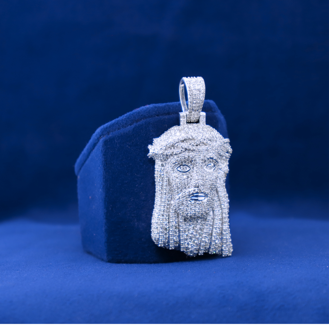 Front view of Iced Out Jesus Pandantc Piece Pendant in 14k silver with diamond moissanite, matching half iced out custom watch style

