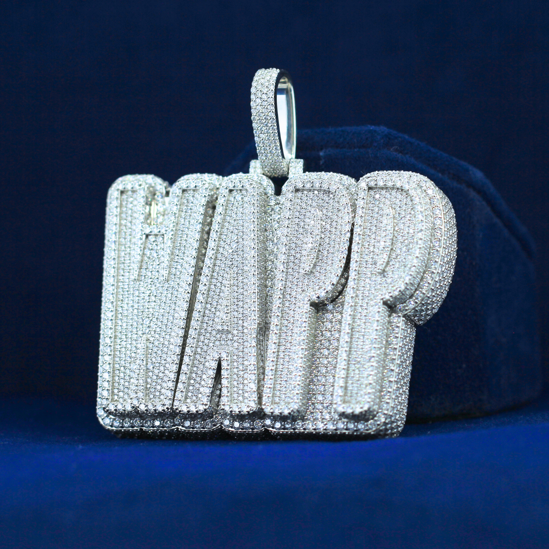 Left view of WAPP custom letter pendant in 14K white gold – iced moissanite diamond jewellery for men & women