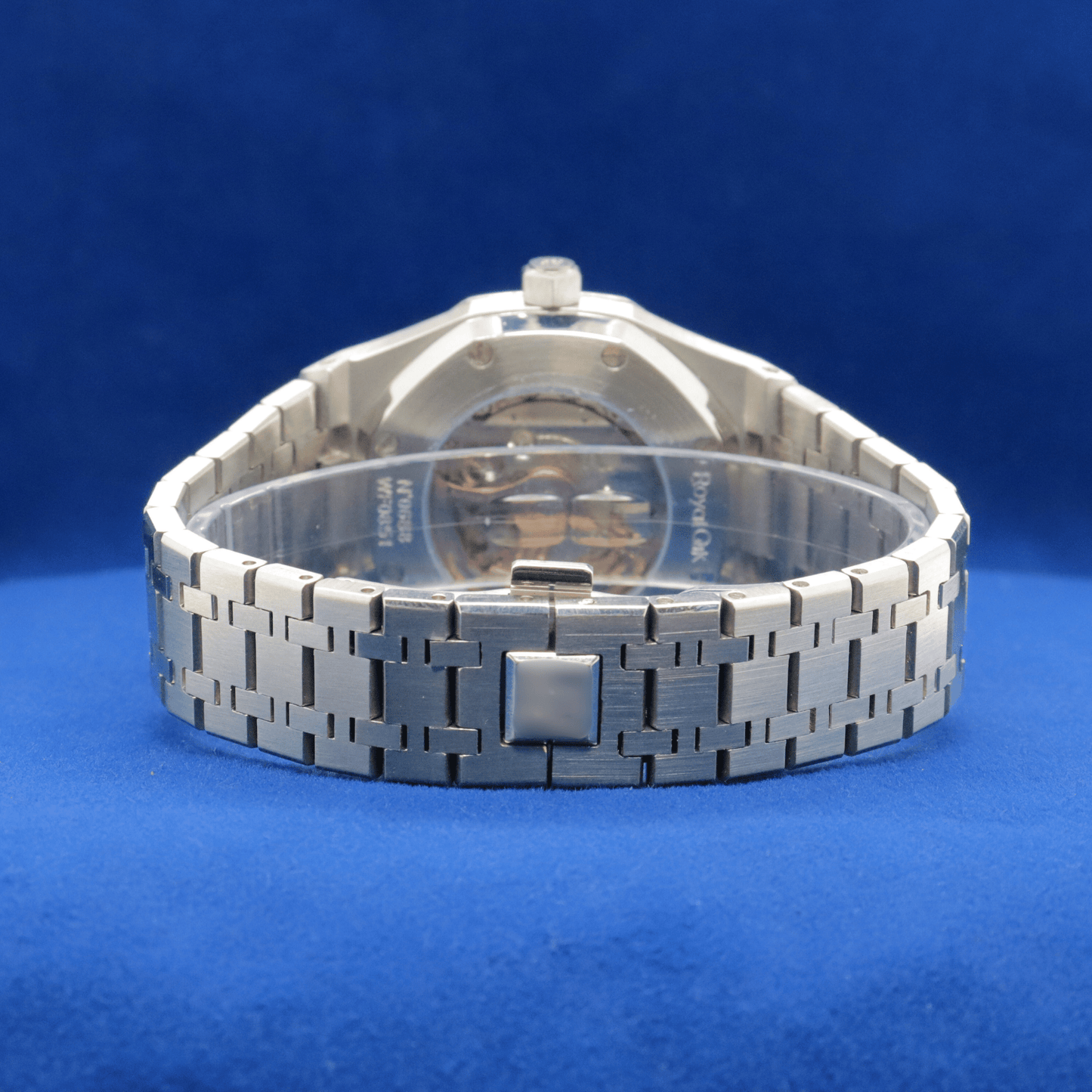 Back view of Luxury Blue Dial Masterpiece stainless steel watch, showcasing premium craftsmanship.


