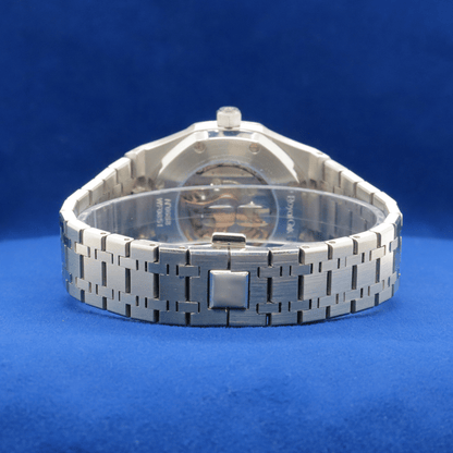 Back view of Luxury Blue Dial Masterpiece stainless steel watch, showcasing premium craftsmanship.


