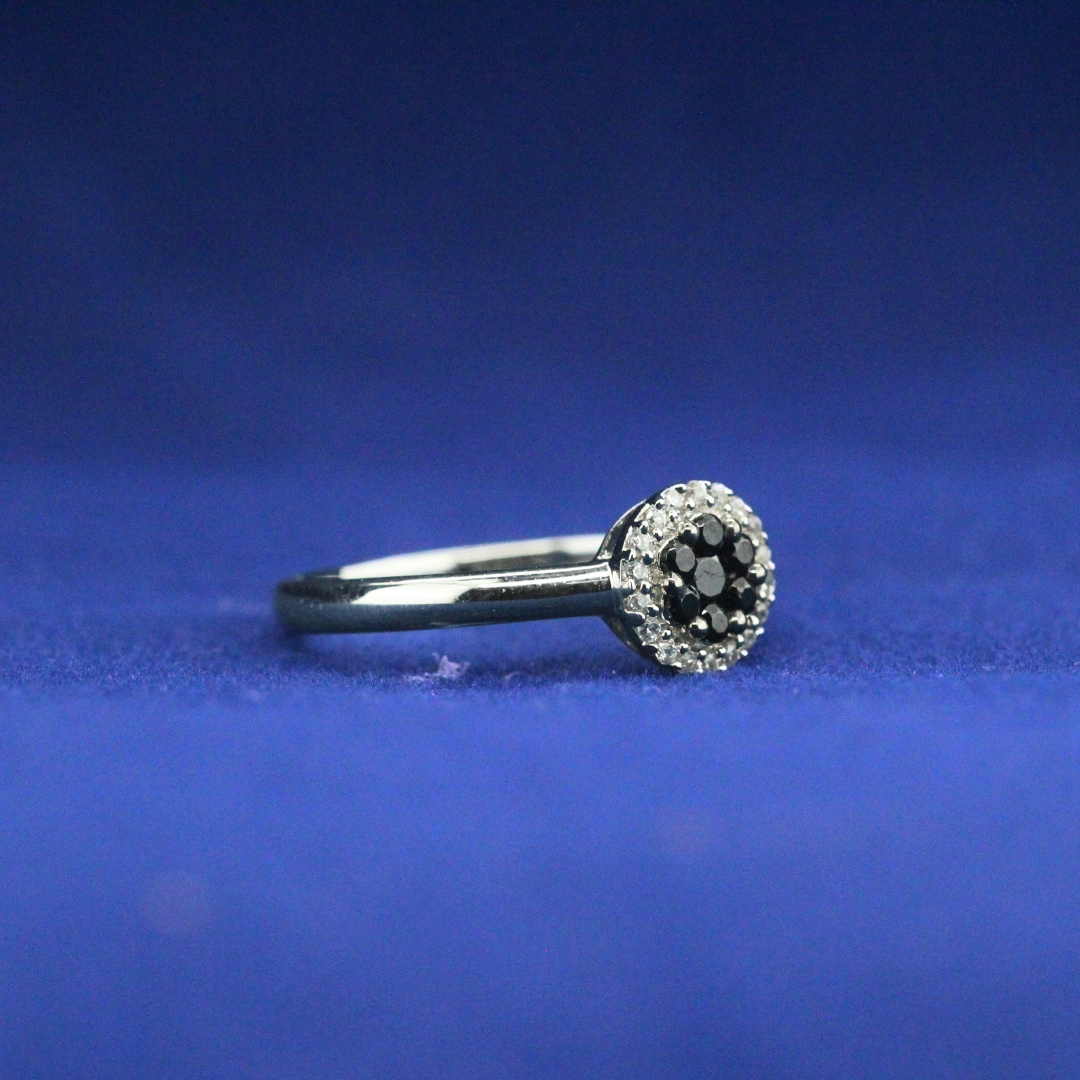 Right side view of Midnight Halo Ring with Moissanite diamonds – Fine jewelry

