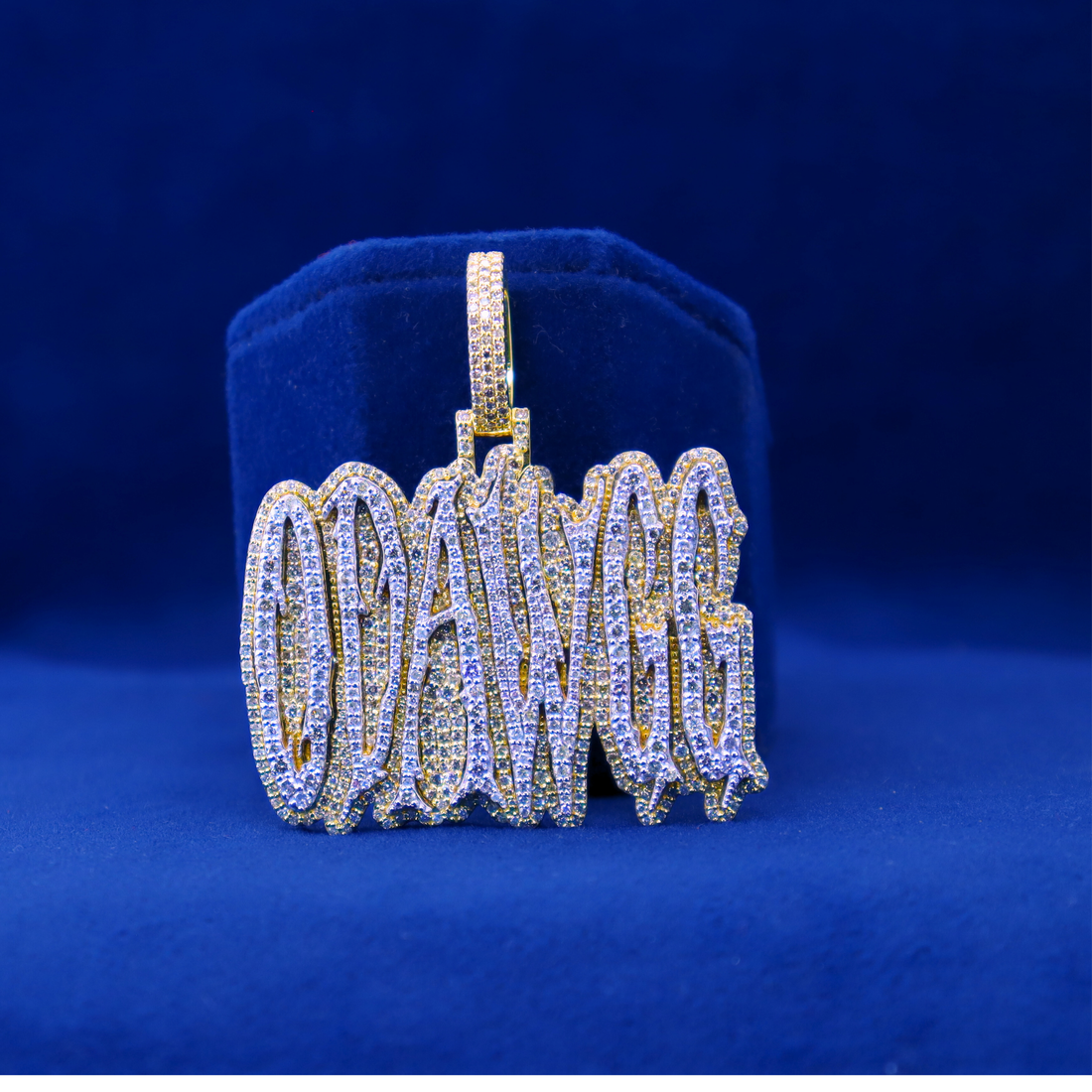 "Front view of Odawgg Iced Pendant in 14K silver with moissanite diamonds, perfect match with a half iced out custom watch."

