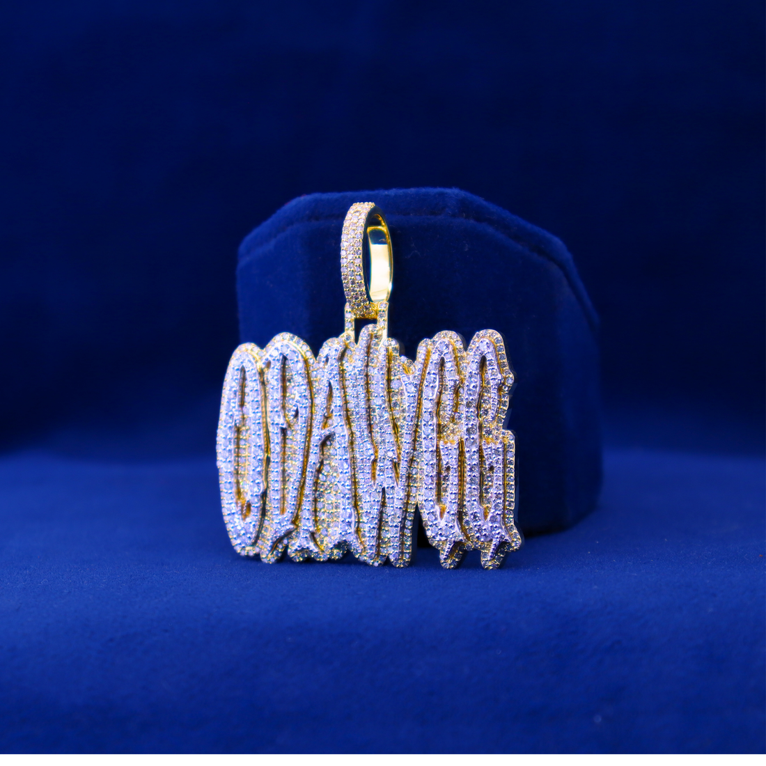 "Front view of Odawgg Iced Pendant in 14K silver with moissanite diamonds, perfect match with a half iced out custom watch."

