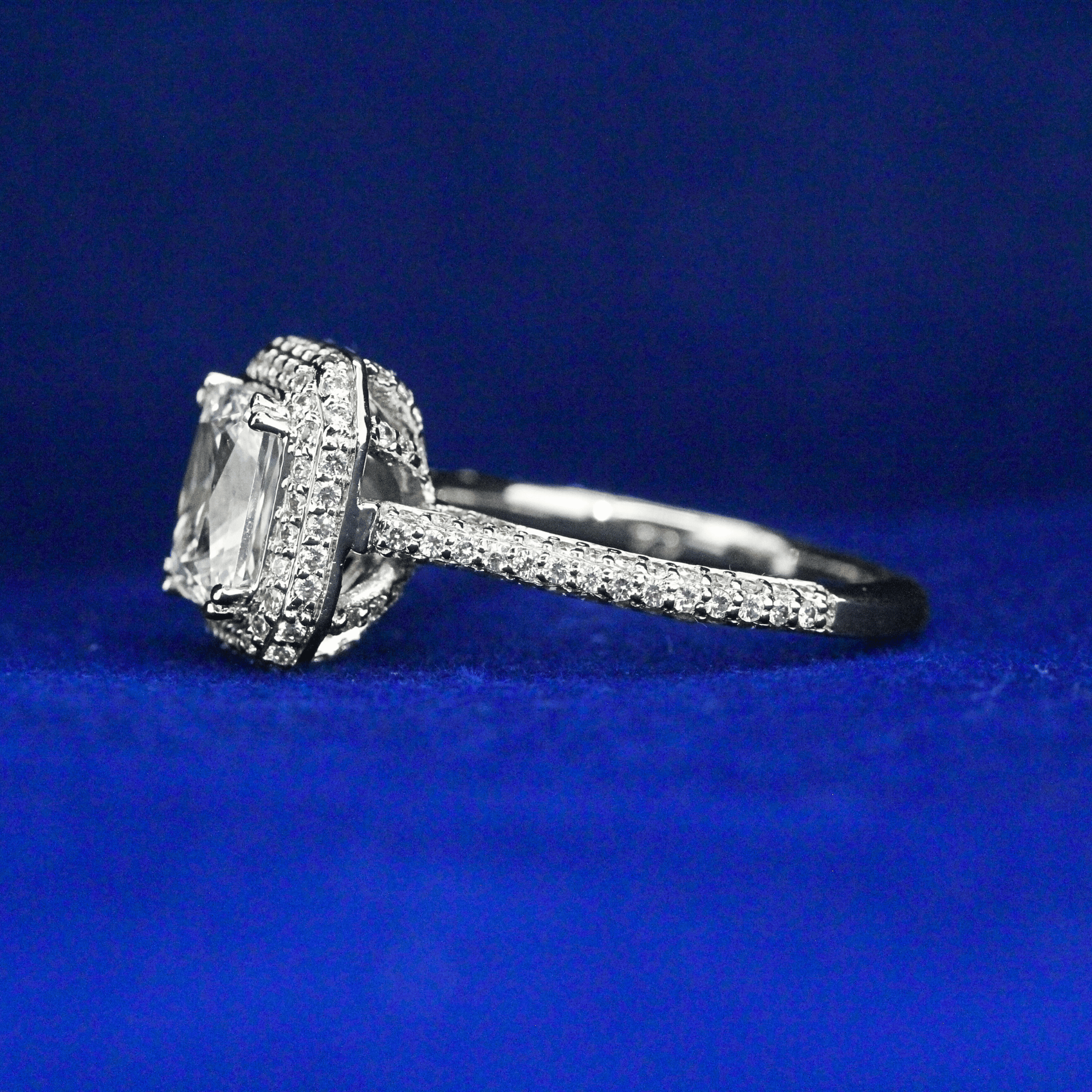 Left side view of Pavé-Set Radiant Cut Diamond Ring with Moissanite diamonds – Fine jewelry

