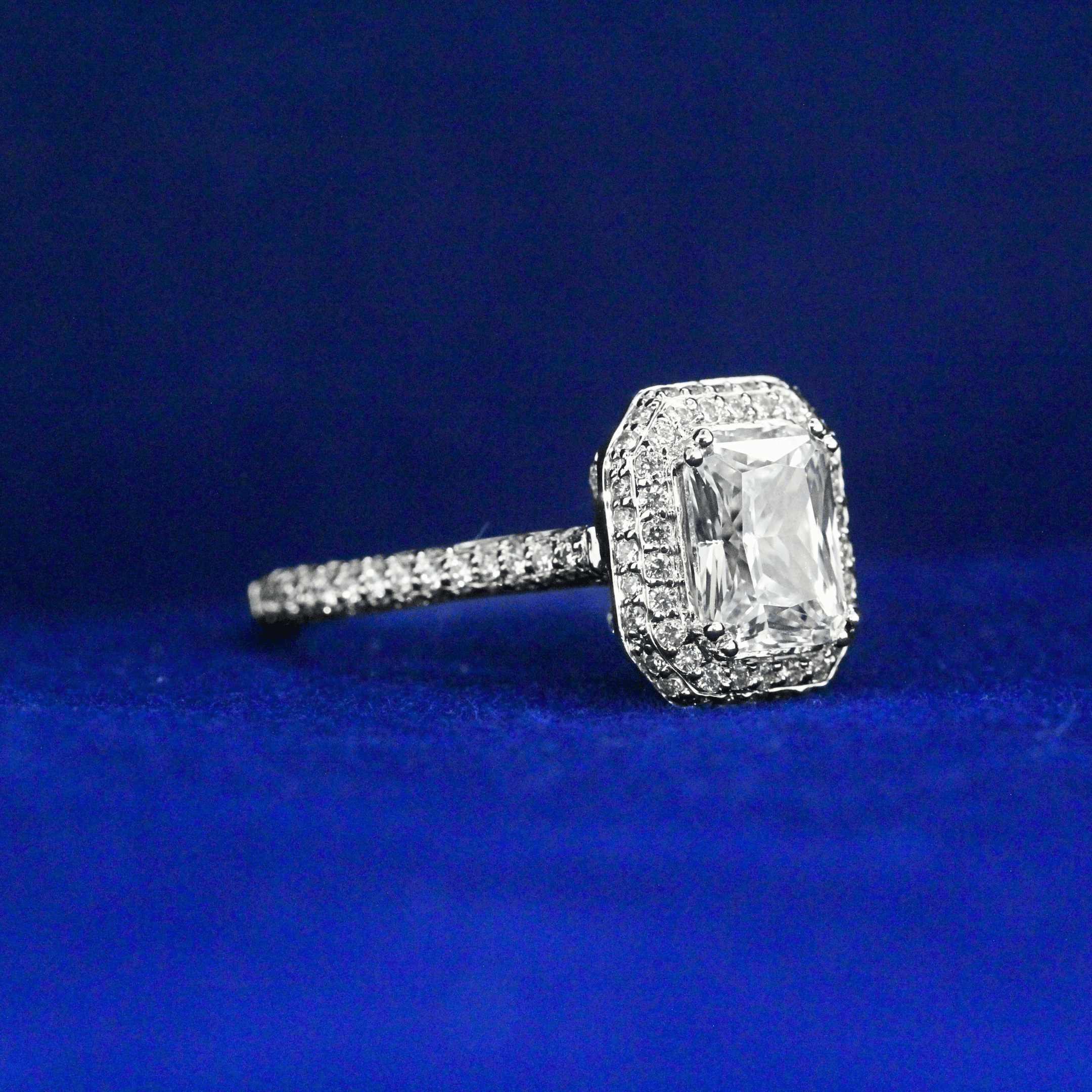 Right side view of Pavé-Set Radiant Cut Diamond Ring with Moissanite diamonds – Fine jewelry

