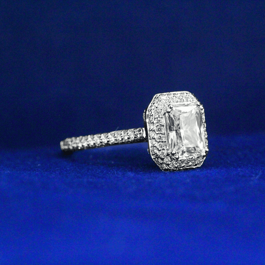 Right side view of Pavé-Set Radiant Cut Diamond Ring with Moissanite diamonds – Fine jewelry

