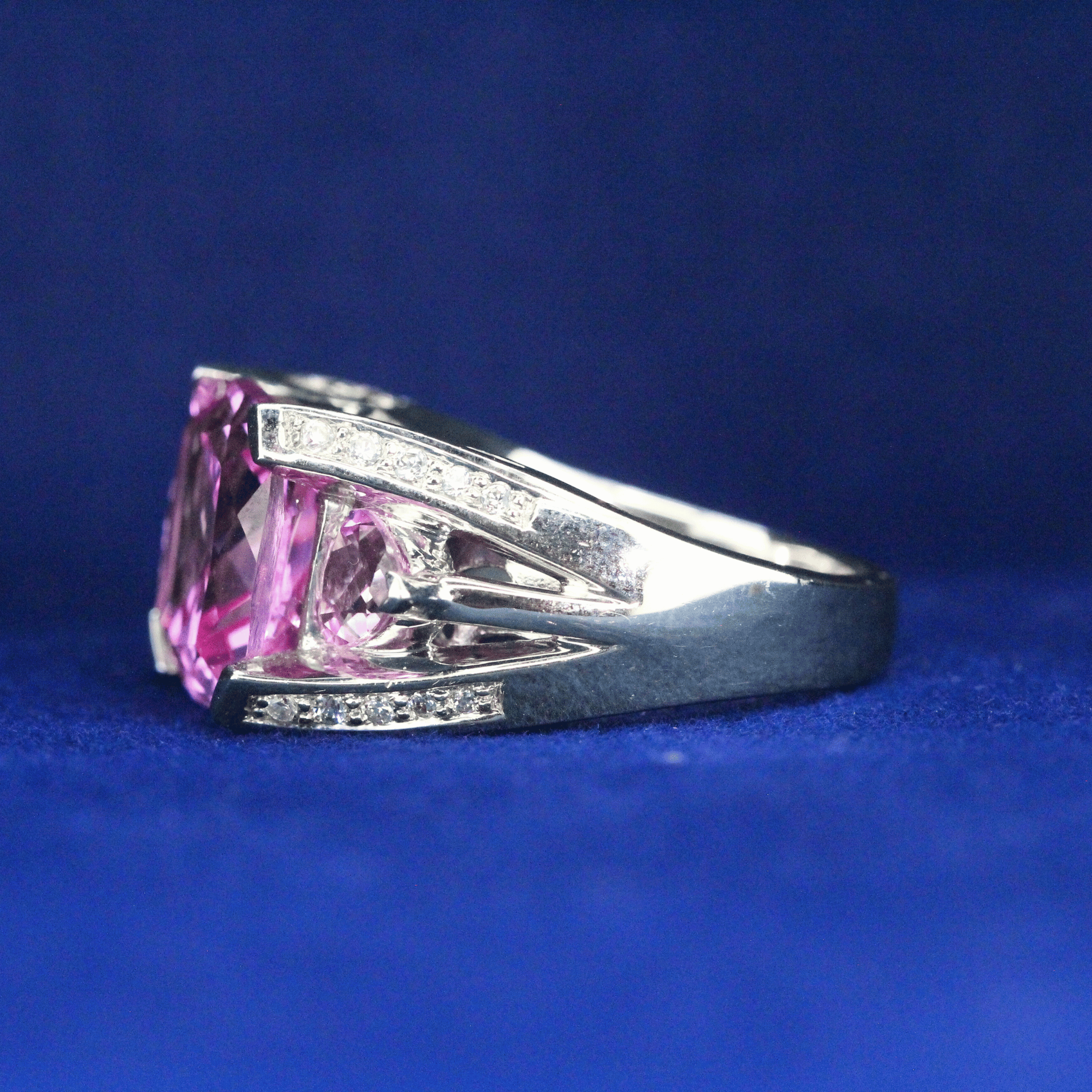 Left side view of Pink Cushion Zirconia Ring – Fine jewelry

