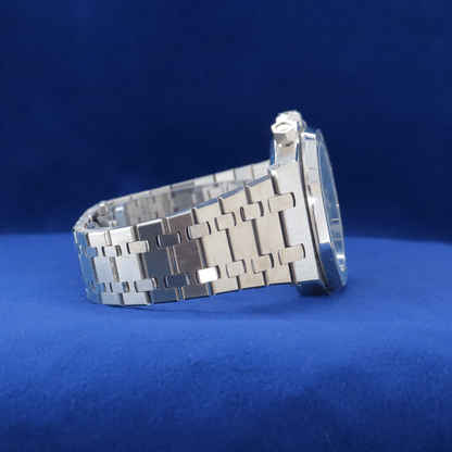 Right-side view of Precision Crafted Steel Sports Watch stainless steel watch, featuring a sleek and timeless look.

