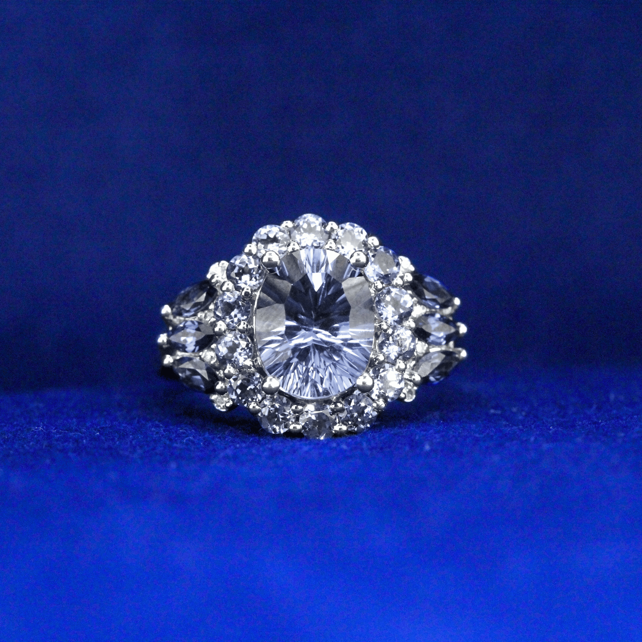 Front view of Radiant Sunburst Oval Diamond Ring with Moissanite diamonds – Fine jewelry

