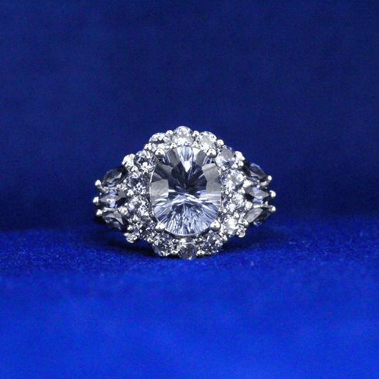 Front view of Radiant Sunburst Oval Diamond Ring with Moissanite diamonds – Fine jewelry

