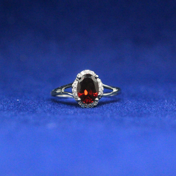 Front view of Red Gemstone Halo Ring with Moissanite diamonds – Fine jewelry

