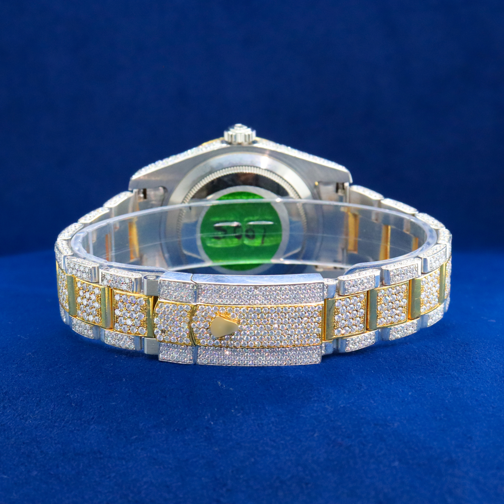 Back view of Roman Numeral Bling Watch with Moissanite diamonds – Custom iced-out hip hop watch

