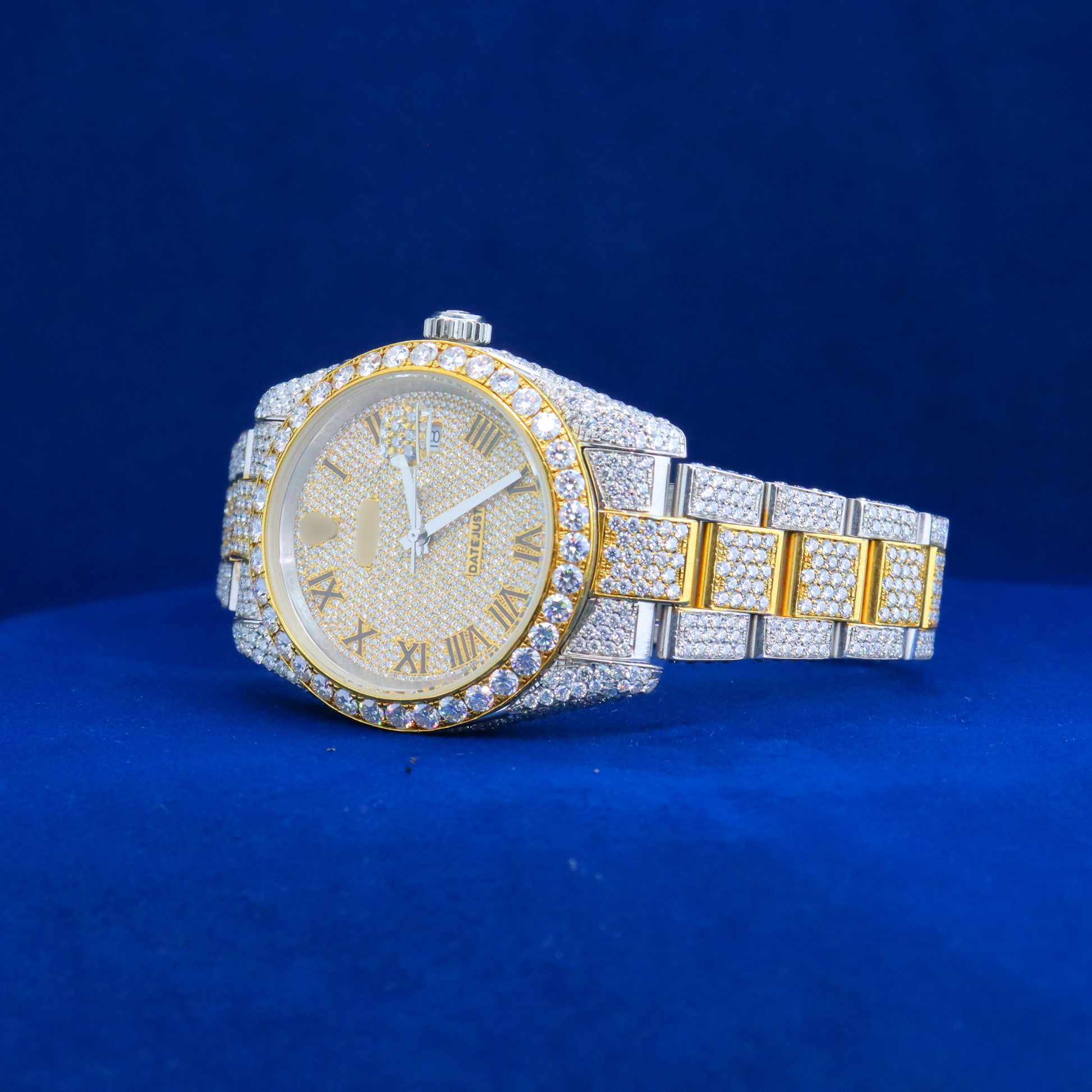 Left side view of Roman Numeral Bling Watch with Moissanite diamonds – Custom iced-out hip hop watch

