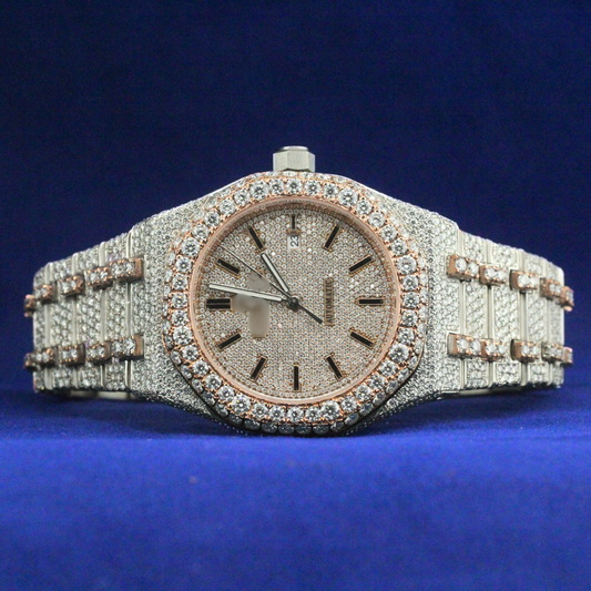 Front view of Rose Gold Bezel Iced-Out Watch for Men with Moissanite diamonds – Custom hip-hop watch

