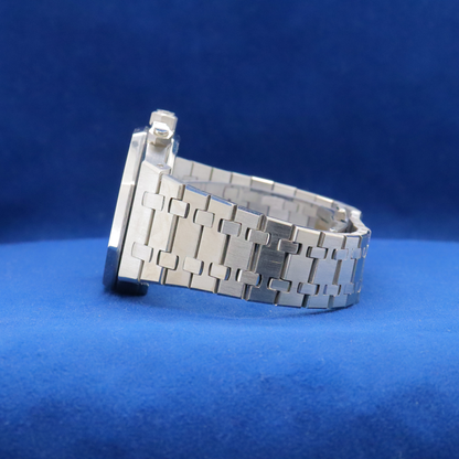 Right-side view of Royal Ice Blue Precision stainless steel watch, featuring a sleek and timeless look.


