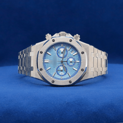 Front view of Silver Steel Blue Chronograph plain stainless steel watch with a bold and modern design.


