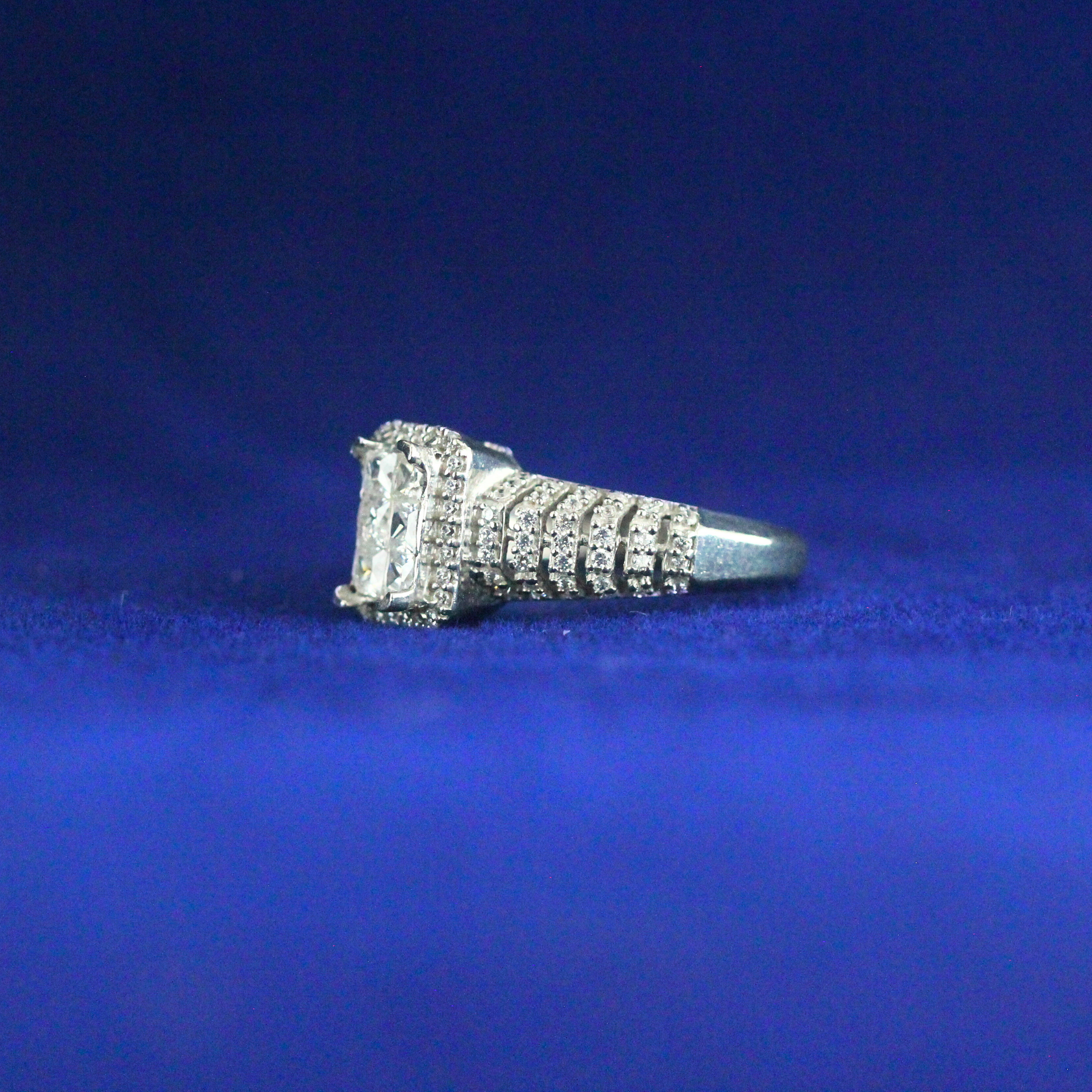 Left side view of Square Halo Diamond Ring with Moissanite diamonds – Fine jewelry

