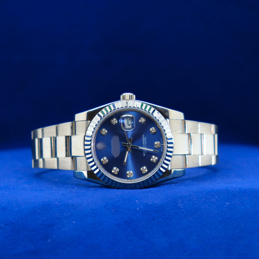 Front view of sunburst blue dial half iced out custom watch featuring luxury stainless steel design

