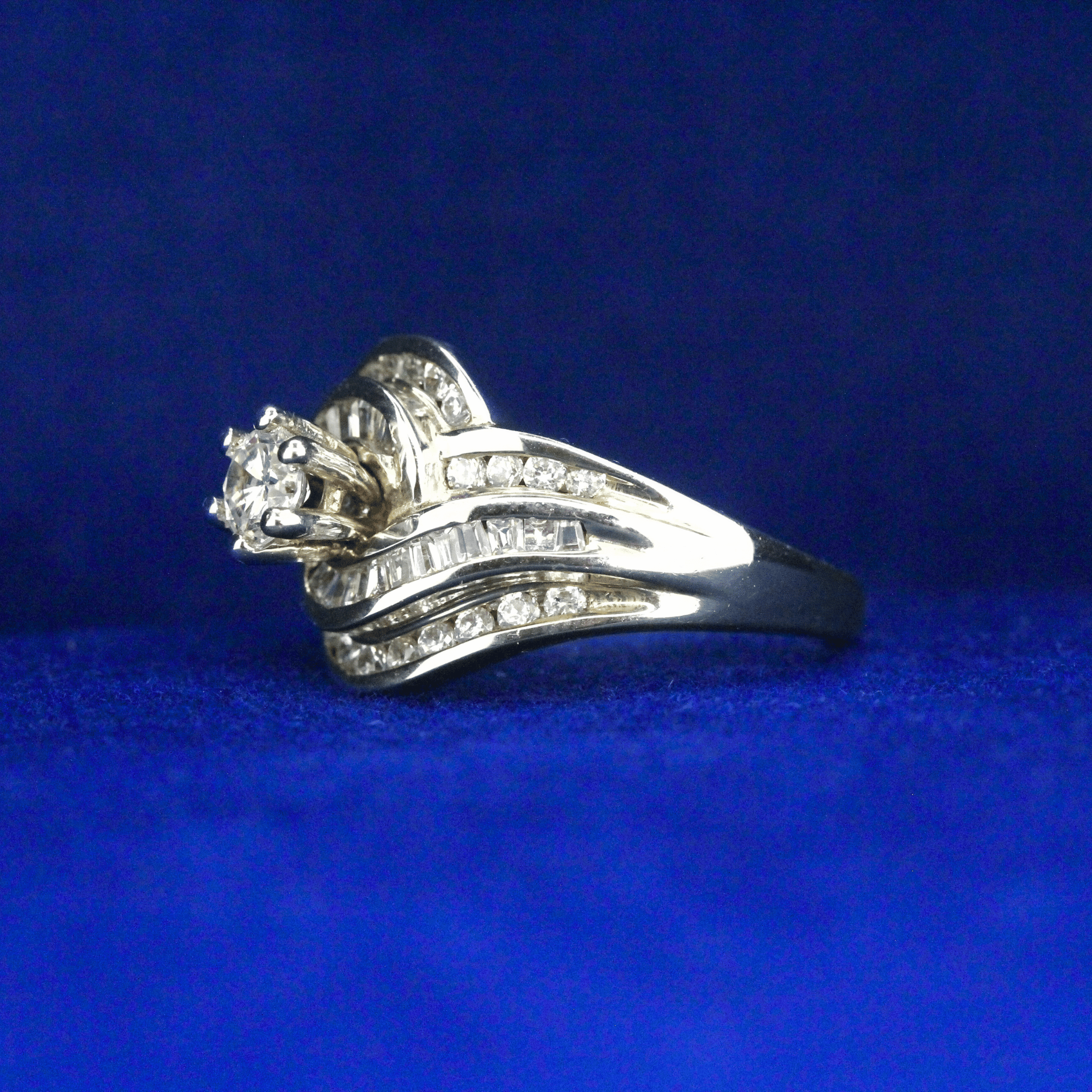 Left side view of Swirl Design Soldered Wedding Ring with Moissanite diamonds – Fine jewelry

